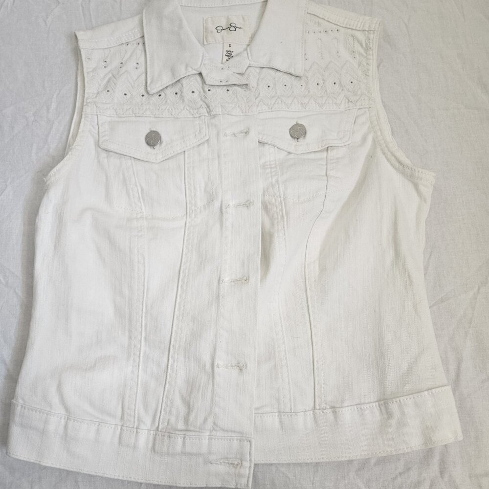 Jessica Simpson White Denim Sleeveless Vest Jacket Women's Size S Casual